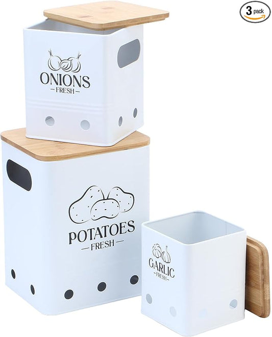 Simcat Kitchen Vegetable Storage Tins Set of 3, Potato Onion Garlic Kitchen Storage Canisters, Vegetable bin Keeper Containers with Aerating Holes and Wooden Lid (White 1)