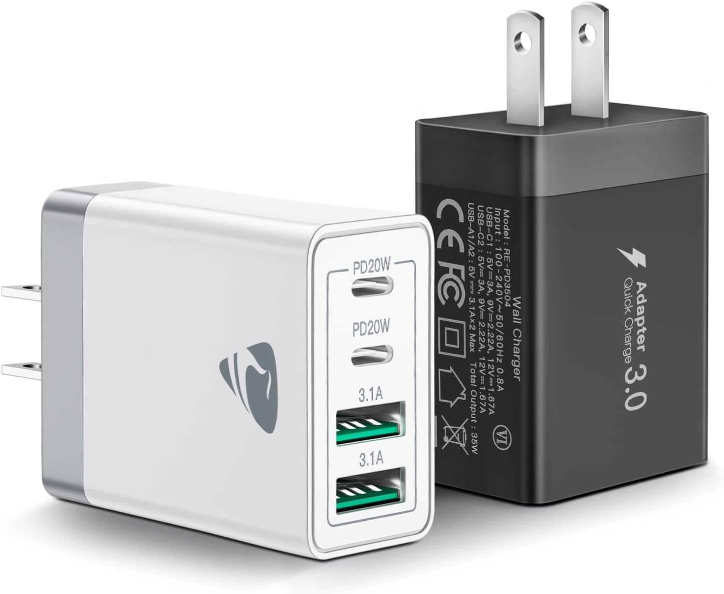 [2-Pack] USB C Wall Charger, Aiminu 40W Fast USB C Charger, 4-Port QC+PD 3.0 Power Adapter Double Fast Wall Plug Type C Charging Block for iPhone 15/14 Pro Max/13/12 mini/11/XS/XR,Tablet, Cube