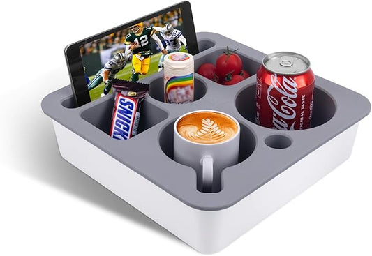 Couch Cup Holder Tray, Bonfixe Stable Couch Caddy for Bed and Sofa, Upgraded Capacity Health-Friendly Silicone Anti-Spill Drink Holder Organizer for Snacks Beverage (White-Gray)
