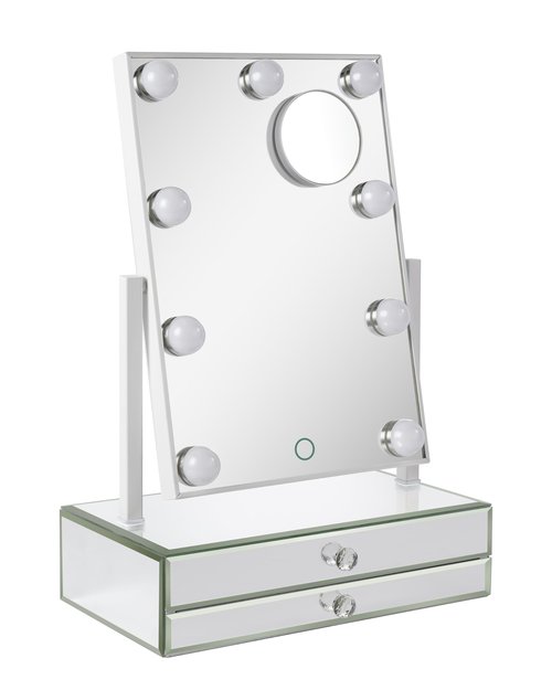 Star Vision 2-in-1 Large Lighted Hollywood Mirror & Glass Jewelry Organizer, 3 Color Tones & Dimmable Light, 2-Layer Drawers, Luxury Crystal Diamond Effect Surface, Includes a 10X Magnification Mirror
