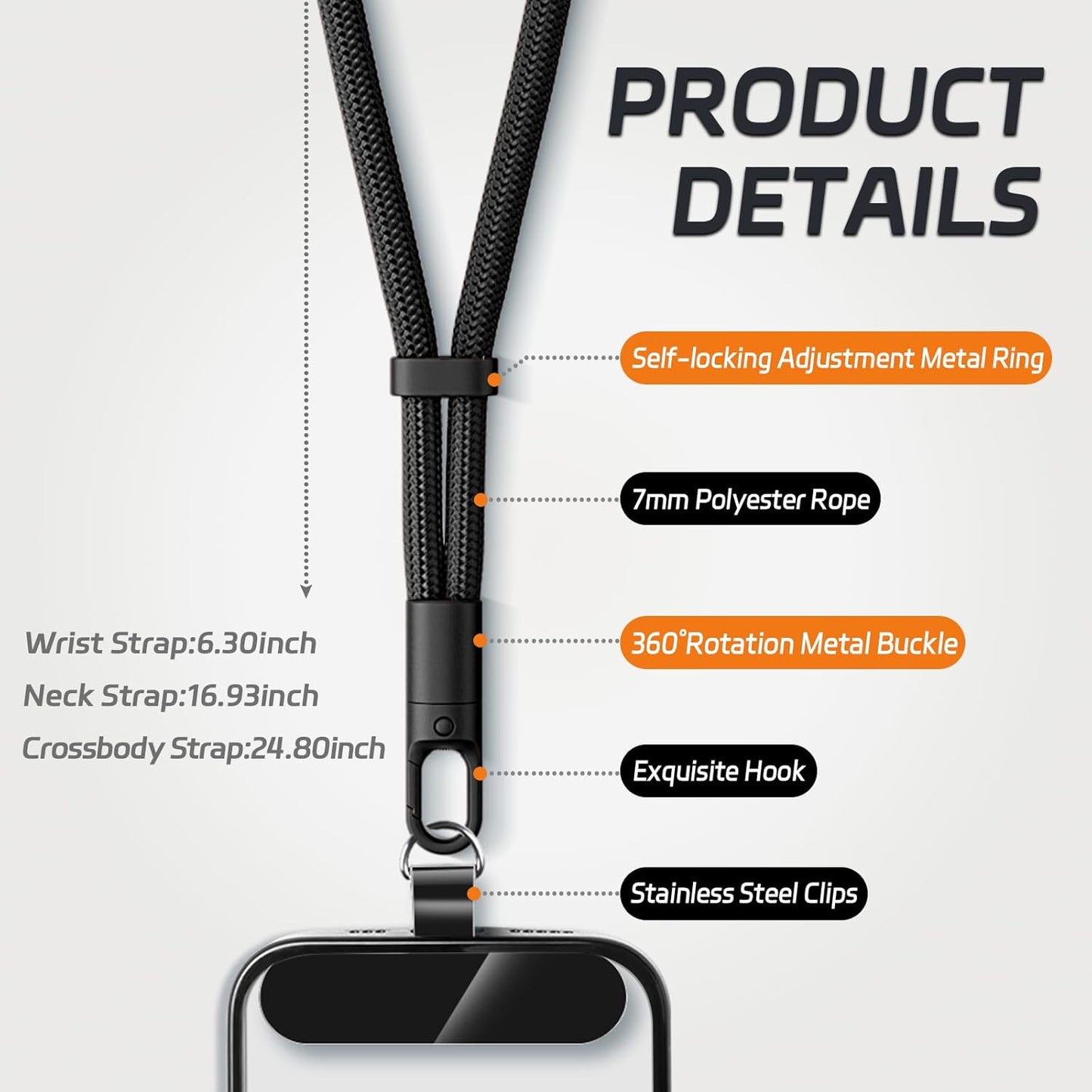 2 Pack Phone Lanyard,2×Hand Wrist Strap,4×Tether Tabs,Universal Cell Phone Multifuctional Patch Polyester Lanyards,Cell Phone Hand Strap for Women and Men(balck+grey)