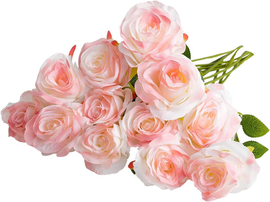 Rose Pink Artificial Roses Fake Flowers Not Bend The Peduncle with Stems for DIY Wedding Bouquets Bridal Shower Centerpieces Arrangements Tables Decorations 12pcs