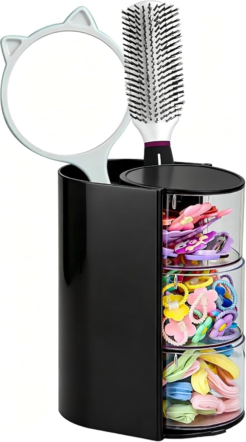 Luscinia Hair Accessories Organizer with Hair Brush Holder, Rotatable Makeup Brush and Jewelry Storage Box for Hair Clips, Earrings, Necklaces, Bracelets, Rings, and Daily Accessories (Black, 3-Layer)