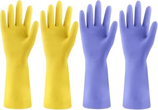 Rubber Kitchen Dishwashing Gloves - 4 Pairs Colorful Reusable Cleaning Gloves for Kitchen Washing Dishes and Household Cleaning (Medium, Yellow+Blue)