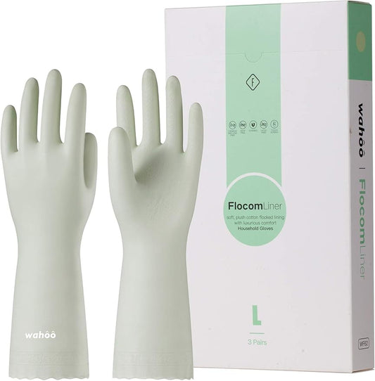 LANON 3 Pairs wahoo Skin-Friendly Cleaning Gloves, Dishwashing Kitchen Gloves with Cotton Flocked Liner, Reusable, Non-Slip, Canary Green, Medium