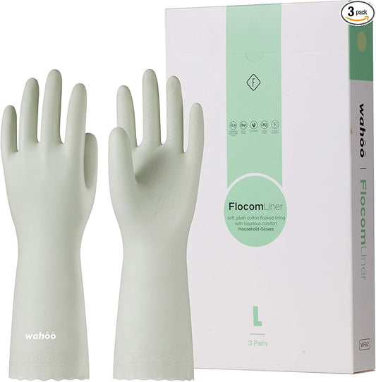 LANON 3 Pairs wahoo Skin-Friendly Cleaning Gloves, Dishwashing Kitchen Gloves with Cotton Flocked Liner, Reusable, Non-Slip, Canary Green, Large