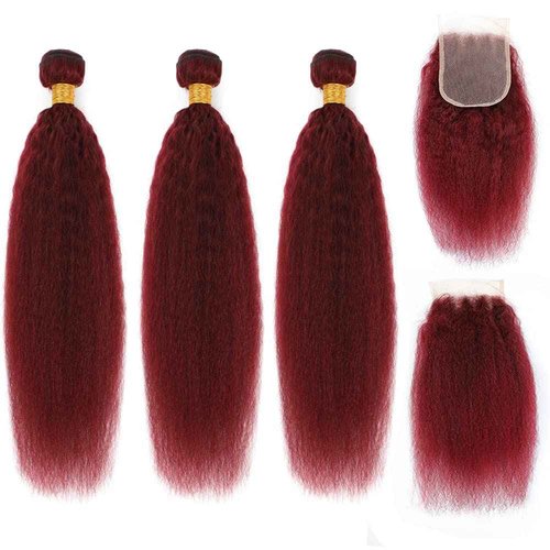 99j Brazilian Yaki Straight Human Hair 4 Bundles Yaki Human Hair Bundles 100% Virgin Kinky Straight Virgin Hair Extensions Women Girl Black Red (14 16 18)
