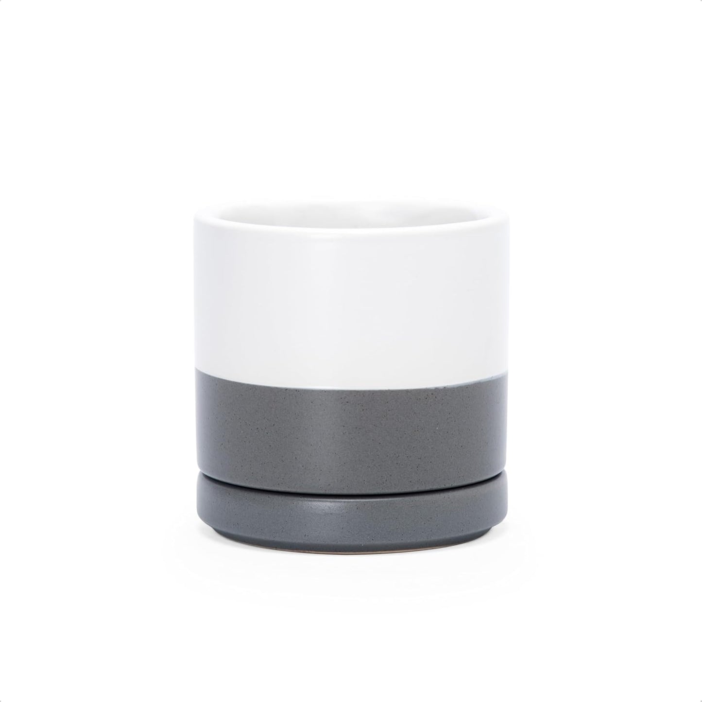 D'vine Dev 3.5 Inch Ceramic Planter Pot with Drainage Hole and Saucer, Indoor Cylinder Round Planter Pot, White/Speckled Grey, 94-O-A-6