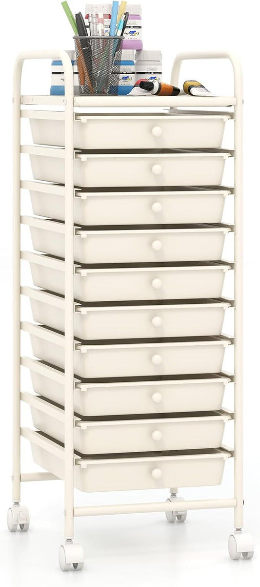 Giantex 10-Drawer Storage Cart w/Universal Wheel, Rolling Cart w/Handle, Home Organizer Storage Unit w/Removable Drawers, Trolley Utility Cart for Kitchen Makeup Living Room Office Play Room, Ivory