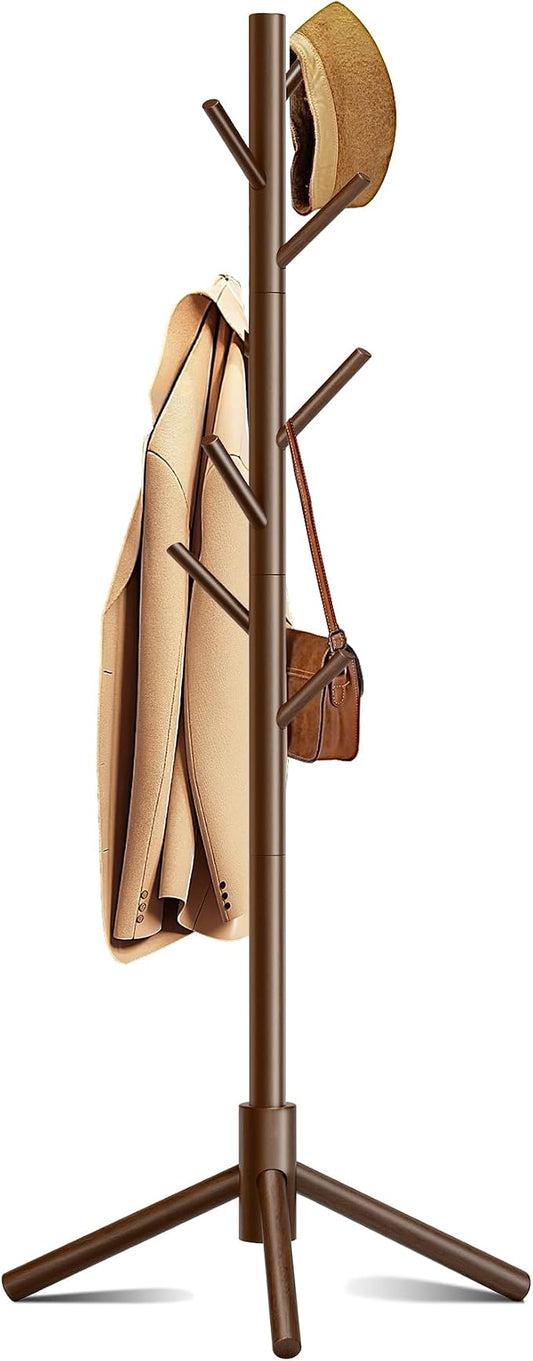 Coat Rack, Coat Racks Freestanding with 8 Hooks 3 Adjustable Heights for Clothes, Hats, Handbags, Coat Tree Easy Assembly for Entryway, Bedroom, Hallway, Office(Brown)