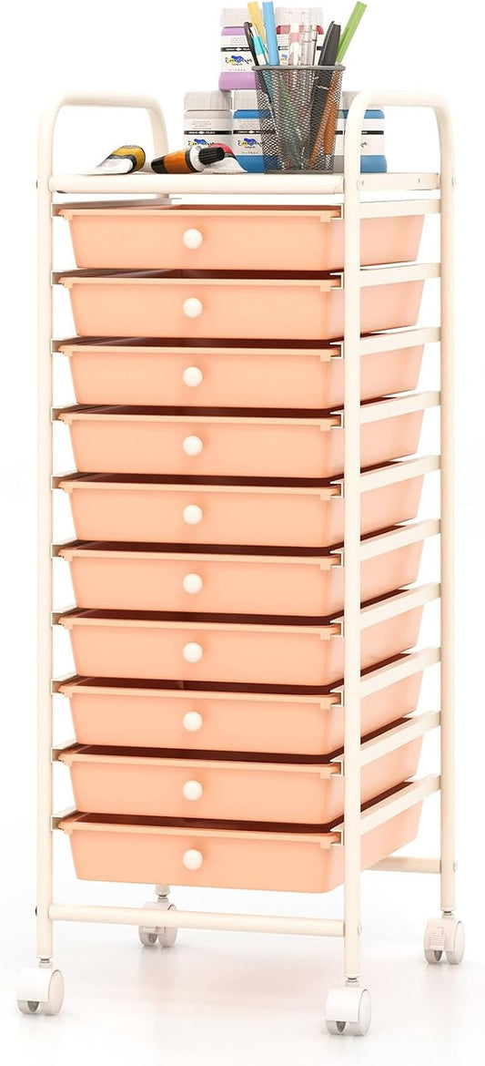 COSTWAY 10-Drawer Rolling Storage Cart, Utility Mobile Trolley with Removable Drawers & Universal Casters & 2 Brakes, Versatile Flexible Drawer Organizer Cart for Home, Office, Peach