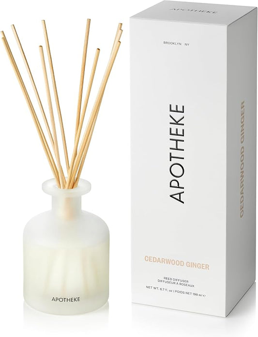 Apotheke Luxury Scented Reed Diffuser for Home, Cedarwood Ginger - 6.7 Fl Oz Essential Oil Aromatherapy - 10 Rattan Scent Sticks Room Diffuser - Long-Lasting Fragrance for Bedroom, Home, Bathroom