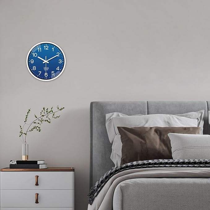 XNM Modern Analog Wall Clocks Battery Operated Navy Blue Wall Clock for Living Room Bedroom Home Office 14 Inch Round Minimalist Wall Clock Silent