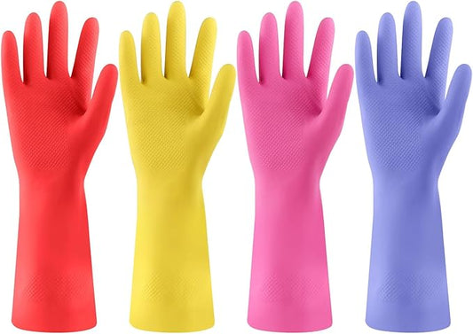 Rubber Kitchen Dishwashing Gloves - 4 Pairs Colorful Reusable Cleaning Gloves for Kitchen Washing Dishes and Household Cleaning(Small, Blue+Pink+Yellow+Red)