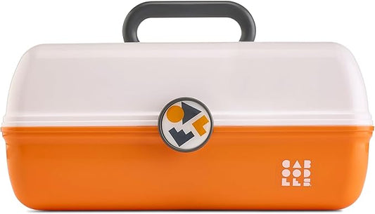 Caboodles School Spirit On-The-Go Girl Makeup Box, White Over Orange, Hard Plastic Makeup Organizer Box, Built-In Mirror, Secure Latch for Safe Travel, Spacious Storage for Large Items