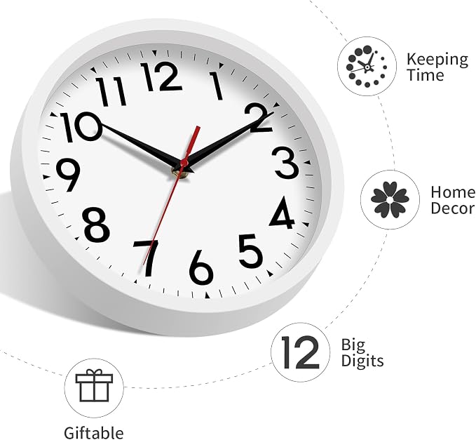 DAXSMY Wall Clock Modern Battery Operated 10 Inch Simpel Silent Non Ticking Analog Decorative for Kitchen Bathroom Bedroom Office Living Room School Classroom(White)