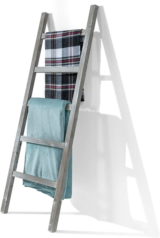 MyGift 54 inch Tall Fully Assembled Wood Blanket Ladder, 5-Tier Wall Leaning Towel Rack, No Assembly, Whitewashed