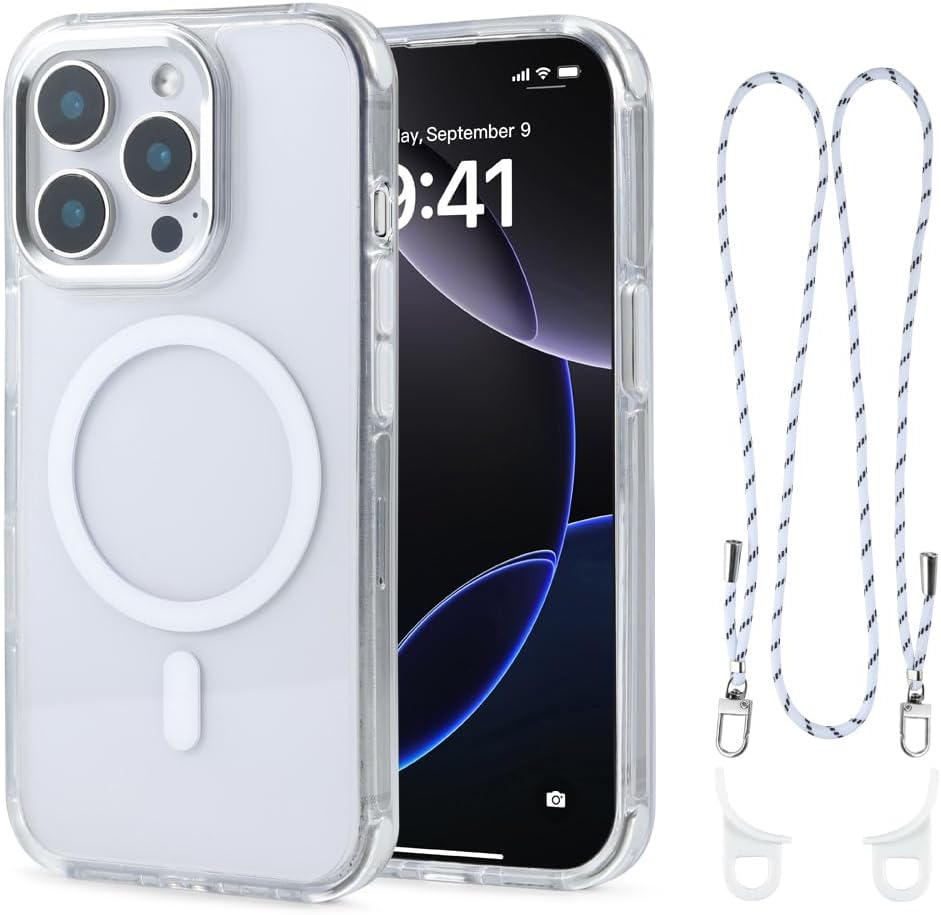 for iPhone 15 Pro Case with 62.99 inch Lanyard, Classic Clear&White Magnetic Phone Case, Drop&Shockproof Protection Cases, Phone Lanyard for Around The Neck, Compatible with Magnet Accessory