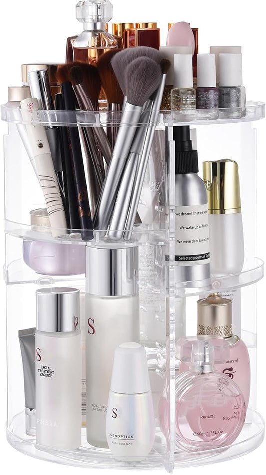 seinlife 360 Rotating Makeup Organizer,DIY Adjustable Spinning Holder,Foldable Cosmetic Storage Display box,Large Capacity Make up Caddy Shelf,Fits Countertop Vanity and Bathroom (CLEAR)