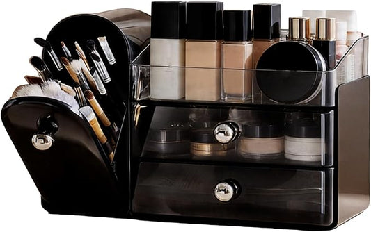 Makeup Organizer with Makeup Brush Holder, Cosmetic Organizer with 2 Drawer for Lipsticks, Perfumes, Eyeshadow Palettes and Nail Polishes (Black)