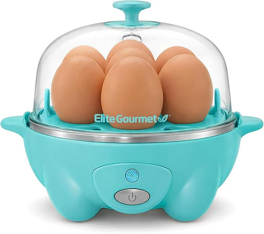 Elite Gourmet EGC-007T# Rapid Egg Cooker, 7 Easy-To-Peel, Hard, Medium, Soft Boiled Eggs, Poacher, Omelet Maker, Auto Shut-Off, Alarm, 16-Recipe Booklet, Teal