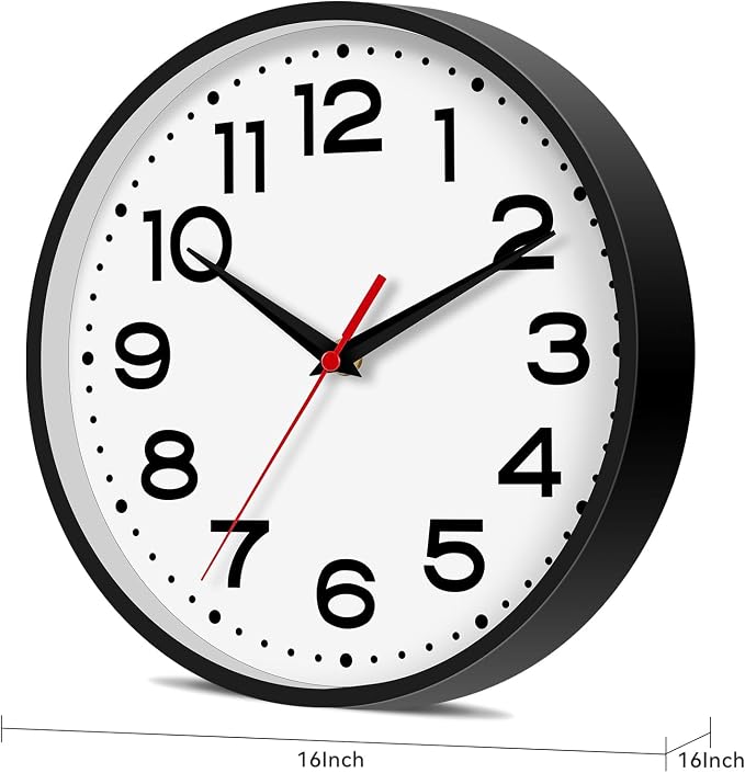 Roymnie Wall Clock Silent Non-Ticking Modern Clock Battery Operated 16 Inch Classic Analog Decorative for Classroom, Living Room, Office, Bedroom, School, Hotel (Black)