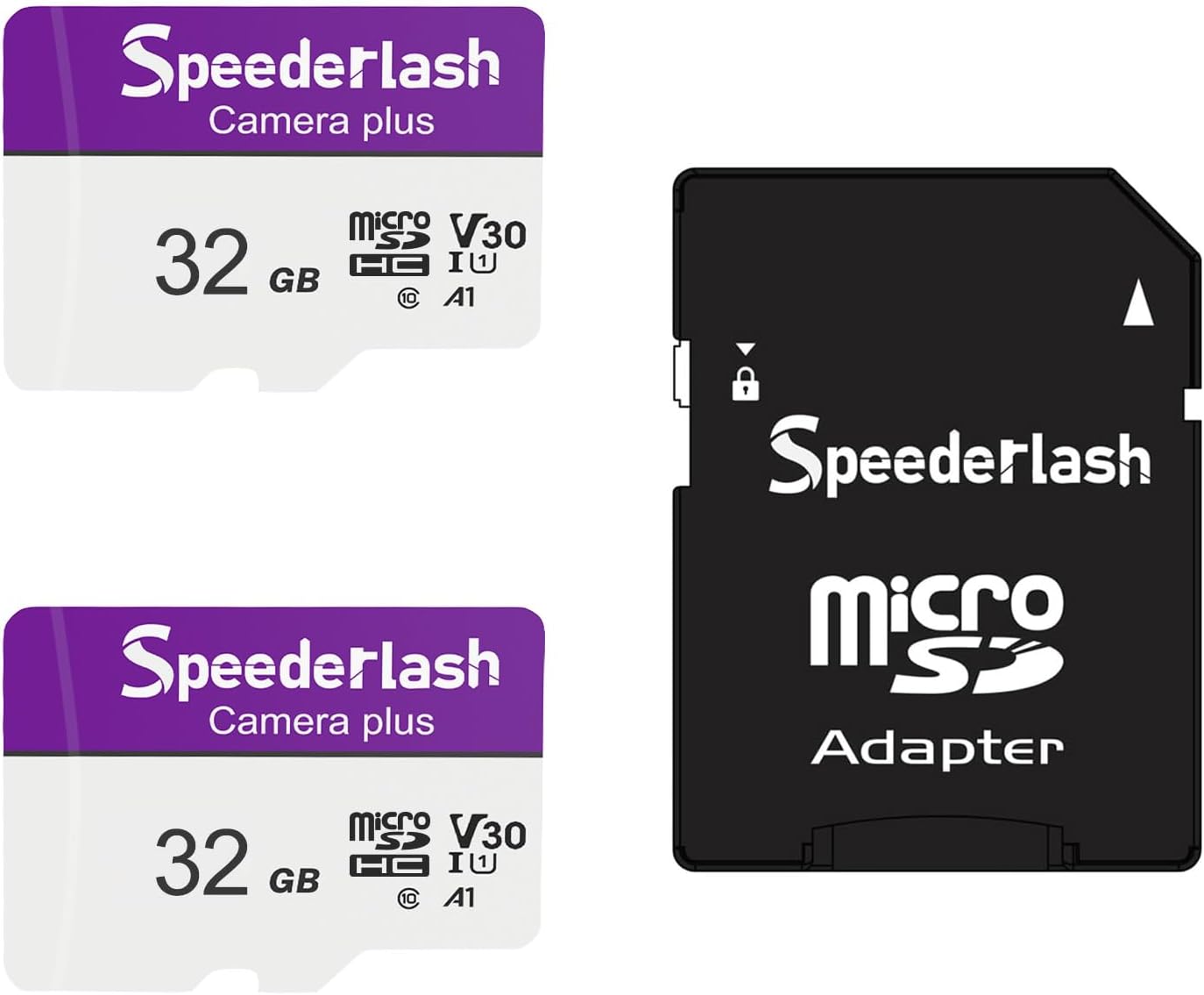 Micro SDXC Memory Card 32GB 2 Pack, Speederlash Camera Plus TF Card with Adapter, Up to 90MB/s Read Speed, 4K UHD&5K Video Support, U1 V30 A1 Rated, Waterproof, for Security Camera, Dashcam, Drones