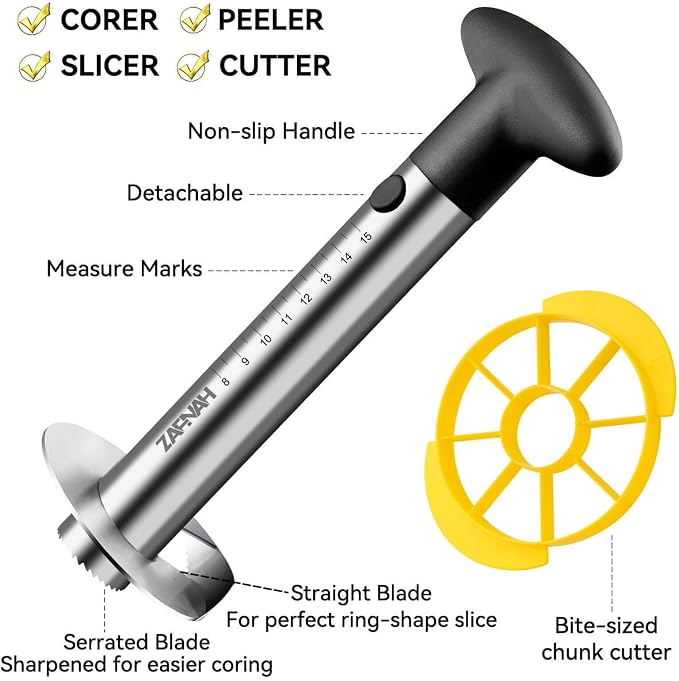 Pineapple Corer and Slicer Tool, Pineapple Cutter and Corer, Stainless Steel Pineapple Peeler, Easy Pineapple core remover decorer, Eye Removal Tool, Pelador De Piña (Black with Measure marks)