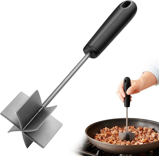 304 Stainless Steel Meat Chopper & Masher, Coinicxcel 10 Inch Heat Resistant Ground Beef Chopper Tool with 6 Curve Blades & Ergonomic Non-Slip Handle, Heavy-Duty Hamburger Smasher Tool Dishwasher Safe