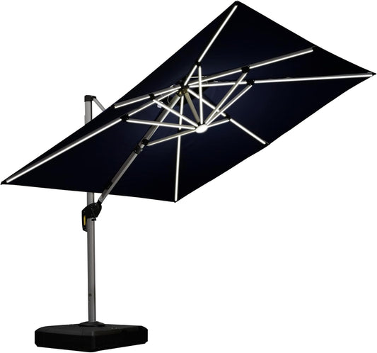 PURPLE LEAF 9 Feet Double Top Deluxe Solar Powered LED Square Patio Umbrella Offset Hanging Umbrella Outdoor Market Umbrella Garden Umbrella, Navy Blue