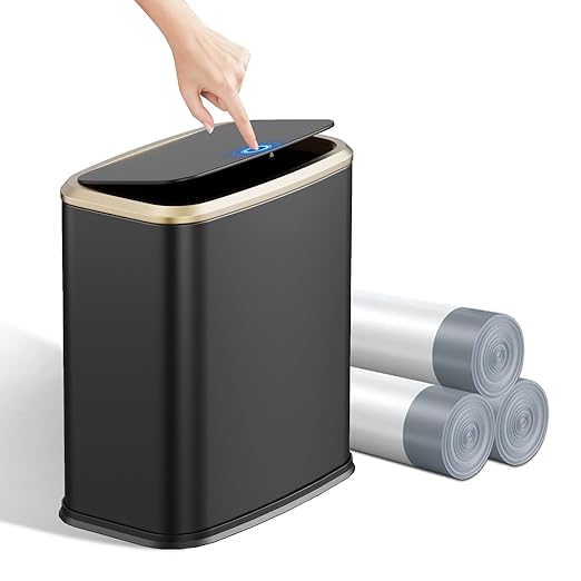 2.1 Gallon Bathroom Trash Can with Lid Press Top, 8 Liter Stainless Steel Garbage Can with Press Type Lid, Slim Trash Bin Waste Basket for Toilet, Office, Bedroom, Living Room (Black)