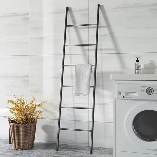 6-Tier Blanket Ladder 68 Inch Wall-Leaning Towel Rack for Living Room and Bedroom, Easy Assembly - Black