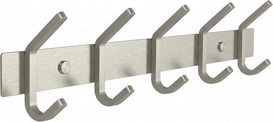 Coat Rack Wall Mount – Brushed Nickel 15 Inch Stainless Steel Hook Rail with 5 Heavy Duty Double Coat Hooks – Wall Mounted Coat Hanger for Entryway, Bathroom, Bedroom, Towel, Hat Organizer