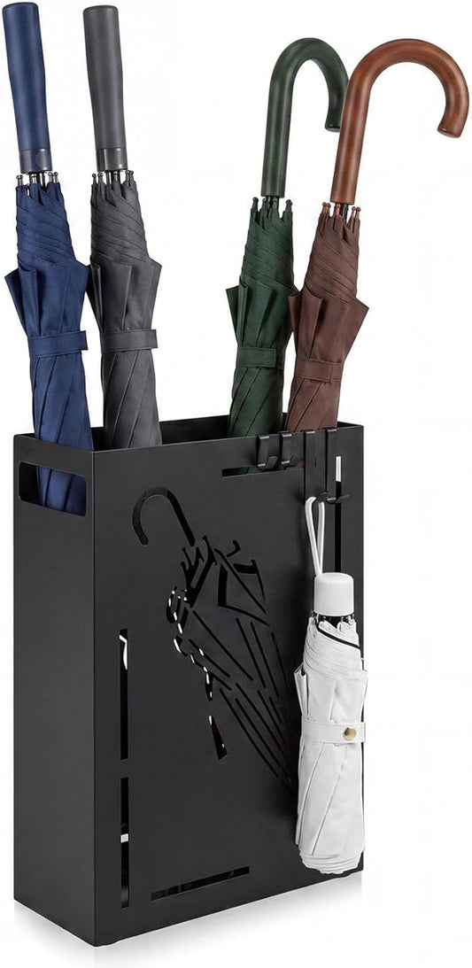 Goplus Metal Umbrella Holder, Rectangular Indoor Umbrella Stand Freestanding w/Removable Drip Tray, 4 Hanging Hooks, Heavy-Duty Umbrella Holders for Entryway, Home Office, 11 x 5 x 16 Inch, Black
