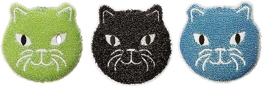 Kikkerland Reusable Cat Scrub Sponge – Cleaning Supplies for Kitchen, Home Essentials – Fun Gifts for Kids & Adults – Set of 3