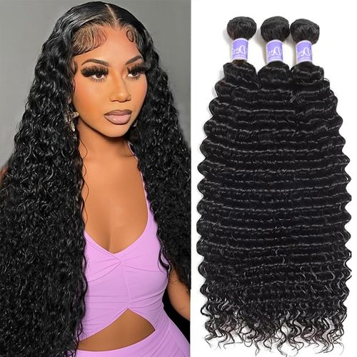 UDesire Deep Wave Human Hair Bundles 12A Brazilian Virgin Human Hair Bundles 18 20 22 Inch Wet and Wavy Curly Bundles Human Hair Extensions for Black Women Natural Black Color