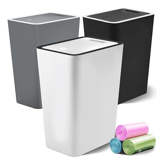 Lysam Small Trash Can, 3 Pack 4 Gallons Bathroom Garbage Can with Lid Press-Top, Small Waste Basket with Trash Bags, Slim Plastic Garbage Bin for Dorm, Office, Bedroom, Kitchen, Living Room (Multi)