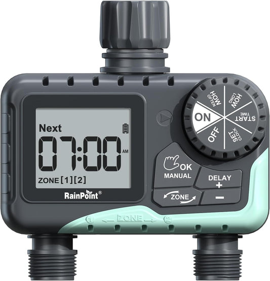 RAINPOINT Water Timer for Garden Hose - 2 Zone Sprinkler Timer with Rain Delay/Manual Watering/Automatic Irrigation for Yard Lawn