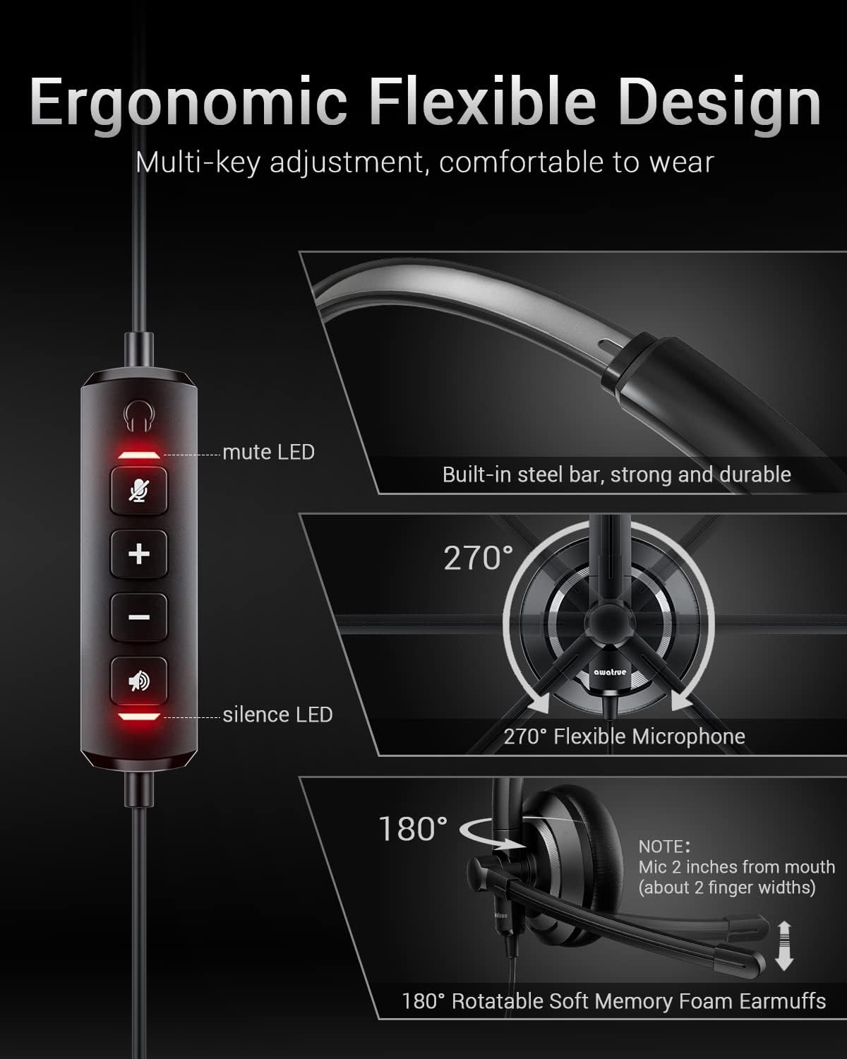 EH05-U Wired USB Headset with Noise Cancelling Microphone for PC Laptop - Headphones with In-Line Control, Lightweight, Enhanced Sound & MIC Mute