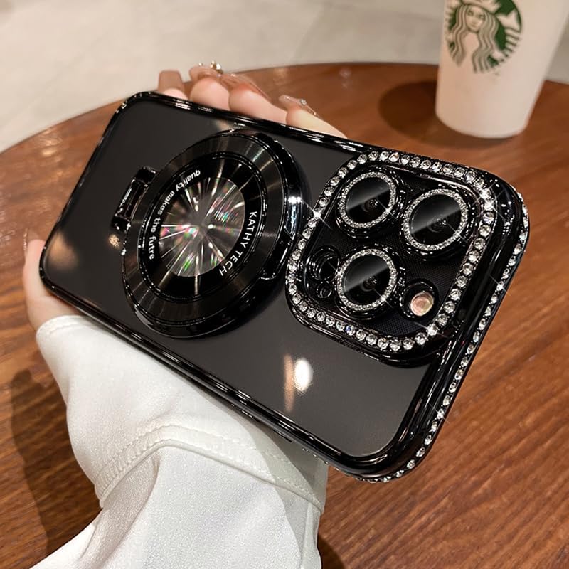 Magnetic Kickstand (Glitter Lens Protector ) Case for IPhone 15 14 13 12 Pro Max (Compatible with Magsafe ) Sparkling Diamond Cover Glitter Shiny Rhinestone Cases (Black,for iPhone 15)