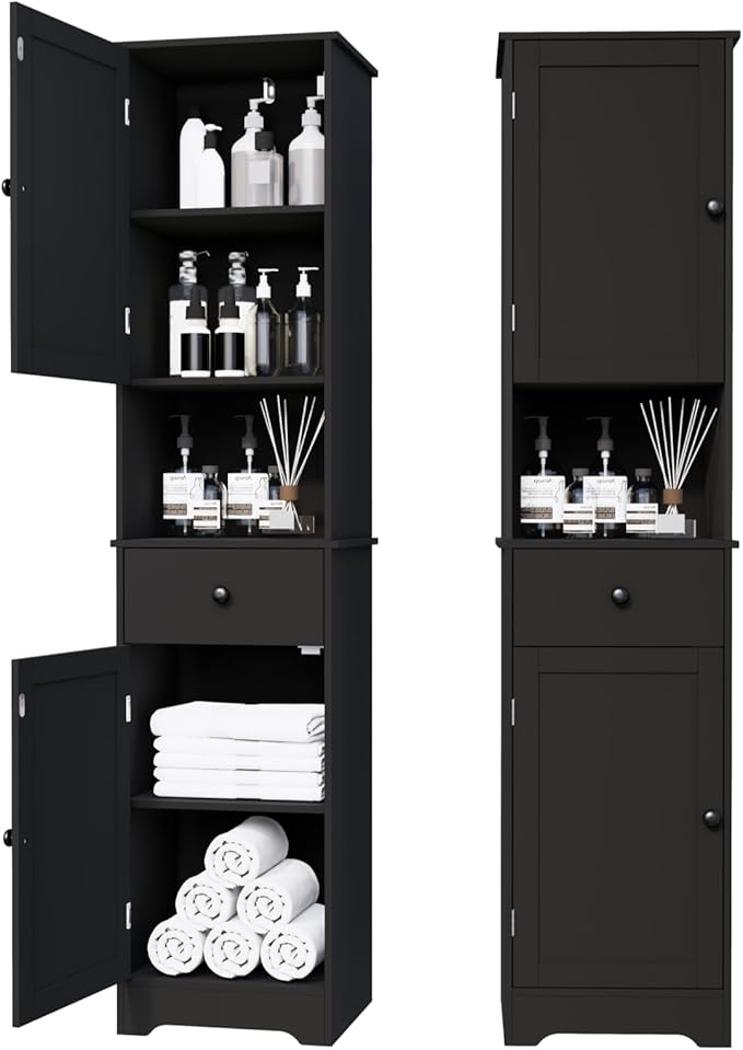 Viaozutis Tall Bathroom Cabinet, Storage Cabinet with 2 Doors & 2Drawer, with Ajustable Shelve, for Bathrooms, Kitchens,Entrances（Black）