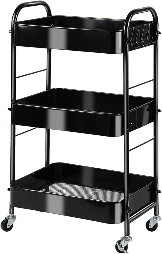 SUNLPH 3-Tier Rolling Utility Cart with Stopper Caster Wheels and 4 Hooks, Easy Assembly, for Kitchen, Bathroom, Living Room, Office (17.7”L x 12.2”W x 29.1”H, Black)