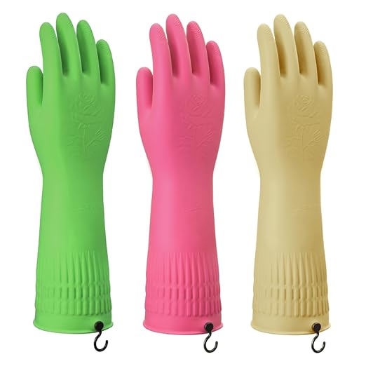 Rubber Gloves for Cleaning – 3 Pairs Reusable Gloves for Dishwashing, Kitchen and Household Tasks, 15-Inch Long (With Hook, Medium (Fits Small Hands))