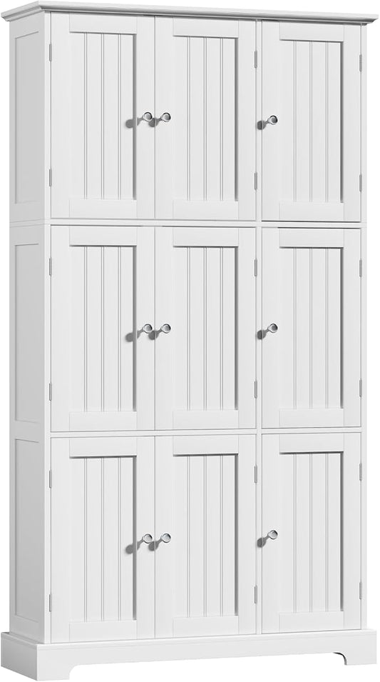 ChooChoo Bathroom Storage Cabinet with 9 Doors, Narrow Floor Cabinet with Adjustable Shelves, White Slim Pantry Cabinet for Kitchen, Bathroom, Laundry Room, Living Room