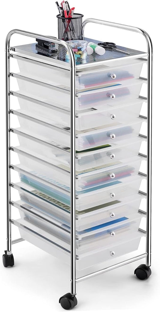 COSTWAY 10-Drawer Rolling Storage Cart, Utility Mobile Trolley with Removable Drawers & Universal Casters & 2 Brakes, Versatile Flexible Drawer Organizer Cart for Home, Office (Clear)