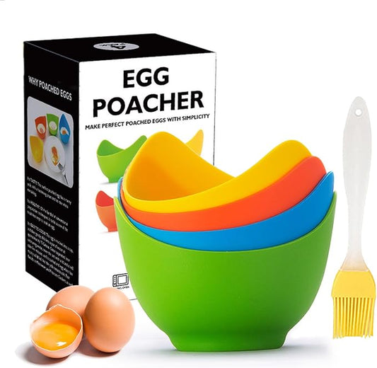 Egg Poacher - KRGMNHR Poached Egg Cooker with Ring Standers, Silicone Egg Poacher Cup for Microwave & Stovetop Egg Poaching, Oil Brush, BPA Free, 4 Pack