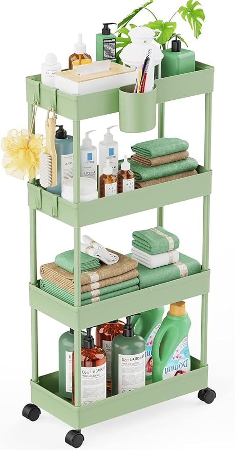 LEHOM Slim Rolling Storage Cart - 4 Tiers Bathroom Organizer Utility Cart Slide Out Storage Shelves Mobile Shelving Unit for Kitchen, Bedroom, Office, Laundry Room, Small Narrow Spaces（7.1" W+Green）