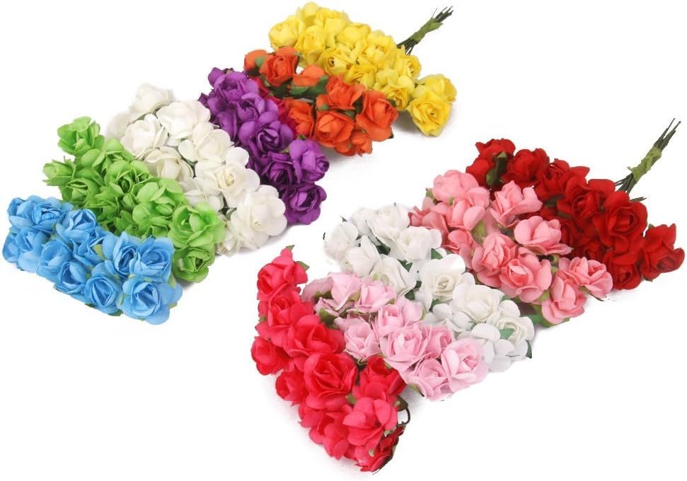 Mini Fake Rose Flower Heads 144pcs Mini Artificial Mulberry Paper Roses Flower with Wire Stem DIY Wedding Flowers Accessories Make Bridal Hair Clips Headbands Dress (Blush Pink)