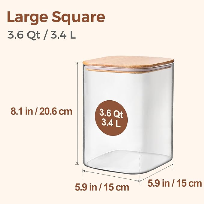 ComSaf 3.6 Qt Glass Food Storage Containers Set of 2, Large Storage Containers with Lids, Square Glass Jars with Lids, for Flour and Sugar, Cereal, Rice, Pasta, Oats, Coffee Beans