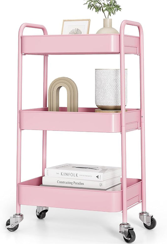 TOOLF 3-Tier Rolling Cart - Metal Utility Storage Organizer with Lockable Wheels, 33 lbs Per Shelf, Tool-Free 5-Min Assembly, for Kitchen Bathroom Office Nursery Craft Room, Pink
